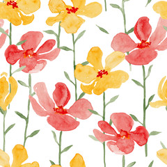 Yellow and red flowers watercolor painting - hand drawn seamless pattern on white background