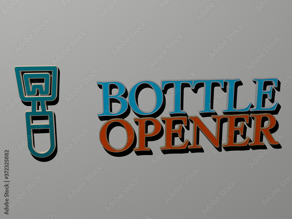 Poster 3d graphical image of bottle opener vertically along with text built by metallic cubic letters from 