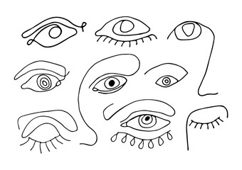 Hand drawing abstract female eyes line art isolated on white background. Modern vector illustration in modern outline style.
