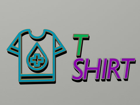 3D representation of T SHIRT with icon on the wall and text arranged by metallic cubic letters on a mirror floor for concept meaning and slideshow presentation for illustration and background