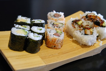 sushi on a wooden table