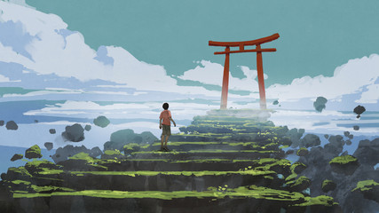 young boy walking up the stairs to the Torii gate, digital art style, illustration painting - obrazy, fototapety, plakaty