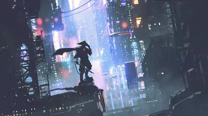 Foto auf Acrylglas Großer Misserfolg futuristischer Samurai, der in der regnerischen Nacht auf einem Gebäude in der Cyberpunk-Stadt steht, digitaler Kunststil, Illustrationsmalerei