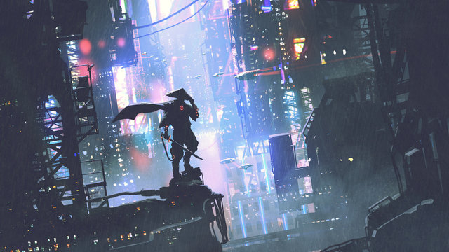 Fototapeta futuristic samurai standing on a building in cyberpunk city at rainy night, digital art style, illustration painting