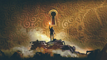the adventure man with a torch standing and looking at a large keyhole on the brass wall, digital art style, illustration painting - obrazy, fototapety, plakaty