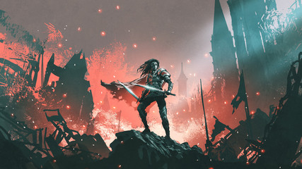 knight with twin swords standing on the rubble of a burnt city, digital art style, illustration painting © grandfailure