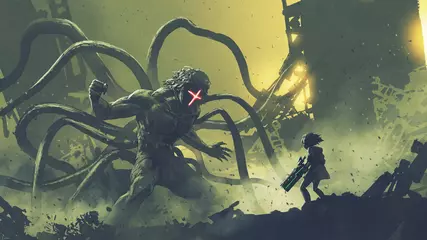 Gordijnen sci-fi-scène van een meisje tegenover het gigantische monster met tentakels, digitale kunststijl, illustratie, schilderkunst © grandfailure