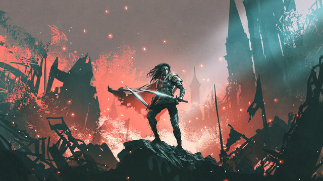 Fototapeta knight with twin swords standing on the rubble of a burnt city, digital art style, illustration painting