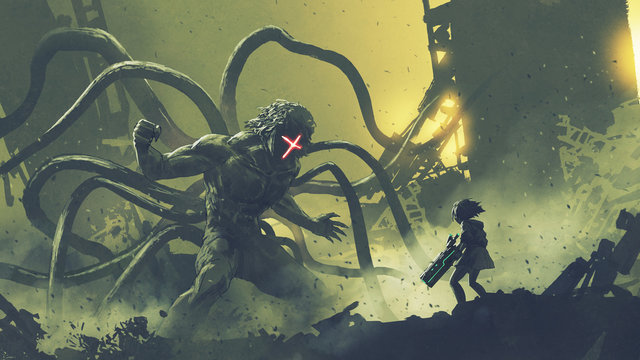 sci-fi scene of a girl facing the giant monster with tentacles, digital art style, illustration painting