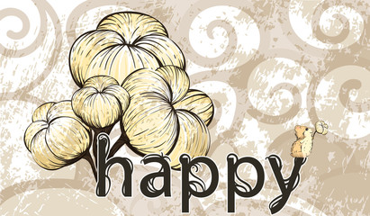 The word "happy" is next to a cotton Blossom on a decorative aged vintage background with cute hamster. Flower illustration. Botanical design. EPS 10