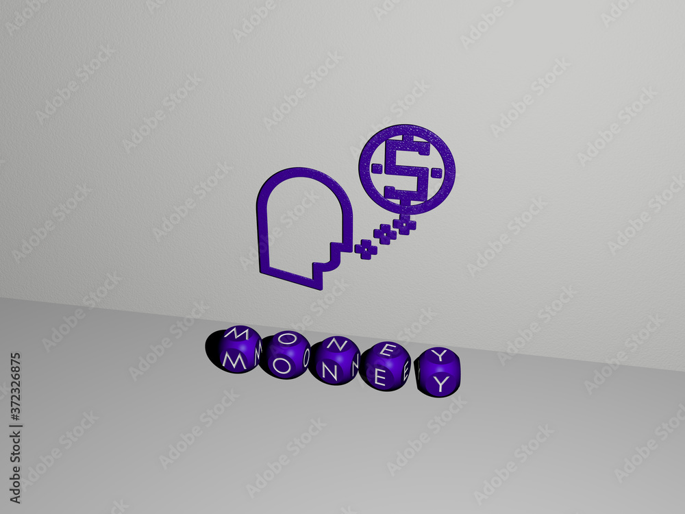 Poster 3d representation of money with icon on the wall and text arranged by metallic cubic letters on a mi