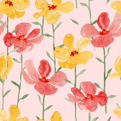 Yellow and red flowers watercolor painting - hand drawn seamless pattern on pink background