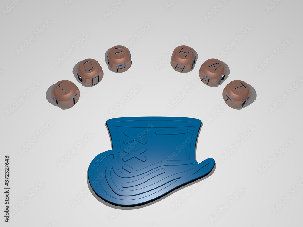 Poster top hat 3d icon surrounded by the text of cubic letters, 3d illustration for view and background