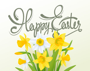 Happy easter lettering calligraphy card. Happy Easter greeting card with flowers elements composition. 