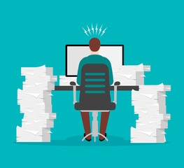 Paperwork and office routine. Busy businessman in stress at work table among many documents. Paper sheets pile. Heap of white papers on blue background in a flat trendy style.	