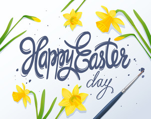 Happy easter lettering calligraphy card. Happy Easter greeting card with flowers elements composition.