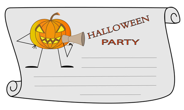Invitation to a Halloween party on a scroll of paper with a picture of a pumpkin and a free space for writing.