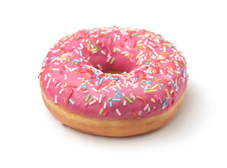 Pink frosted donut with colorful sprinkles