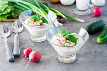 Russian kitchen. Okroshka - cold soup with vegetables, sausages and herbs on kefir in glass bowls.