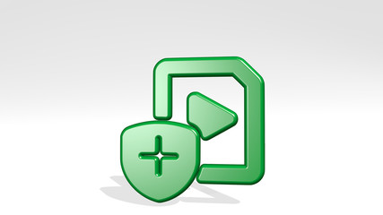 VIDEO FILE SHIELD 3D icon casting shadow, 3D illustration for background and camera