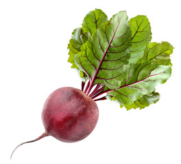 beetroot with tops isolated on white background.