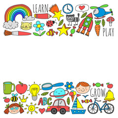 Fototapeta premium Kindergarten and school online education. Lessons for little boys and girls.