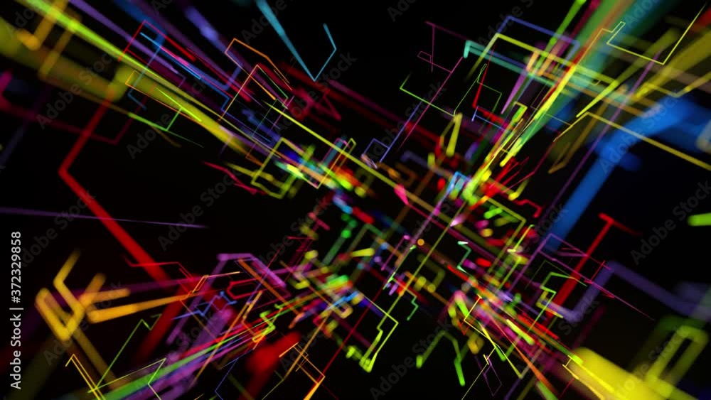 Poster sci-fi looped background, abstract hologram. multicolor neon glow lines form digital 3d space. conne
