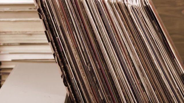 Vinyl albums on bookshelf