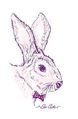 Hare with bow tie, hand drawn graphic illustration