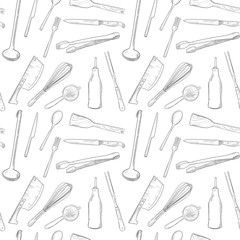 Kitchen utensils graphic seamless black and white pattern