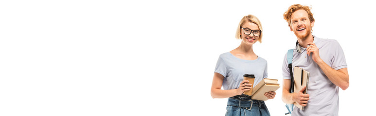 Panoramic orientation of students with books, notebook and disposable cup looking at camera isolated on white