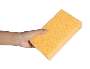 Hand Yellow sponge on white background