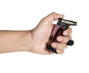 Hand hold lighter isolated on white background