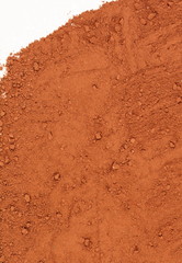 Heap of Red dry clay isolated on white background. Ochre, also spelled ocher, a natural yellow earth pigment. Pile of Red dirt (soil) on white. 