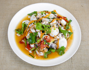 Thai Spicy Squid Salad on Burlap Fabric isolated