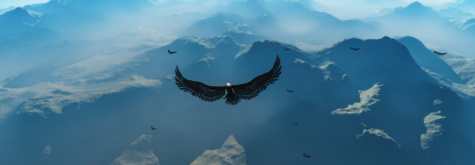 Eagle flying in the clouds at dawn