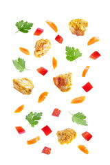 Curry chicken with rice in a plate on a white isolated background