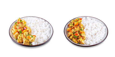 Obraz na płótnie Canvas Curry chicken with rice in a plate on a white isolated background
