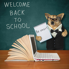 The beige dog in glasses is holding a notebook in a cage near a blackboard with lettering welcome back to school. 