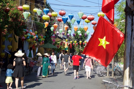 Vietnamese flag in an Hoi An Street, Vietnam 