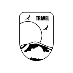 travel insignia badge with snow mountain, sun and birds flying, silhouette style