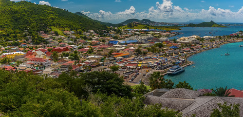Fototapeta premium A view from Fort Louis across the settlement of Marigot in St Martin