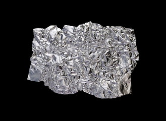 A piece of aluminum foil isolated on black background. Wrinkled aluminum foil.