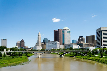 Columbus Ohio Skyline with Blue Sky in the Summer.