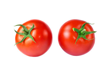 Two perfect whole tomatoes isolated on white background. Ready for clipping path.
