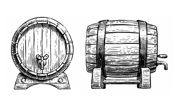 Wooden barrel with faucet sketch. Hand drawn vintage illustration