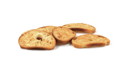 Crusty bread bruschetta. Sliced bruschetta on white background. 