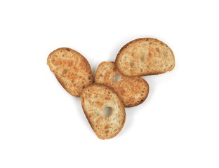 Crusty bread bruschetta. Sliced bruschetta on white background. 
