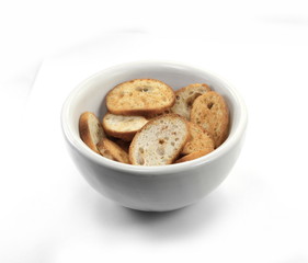 Crusty bread bruschetta. Sliced bruschetta on white background. 