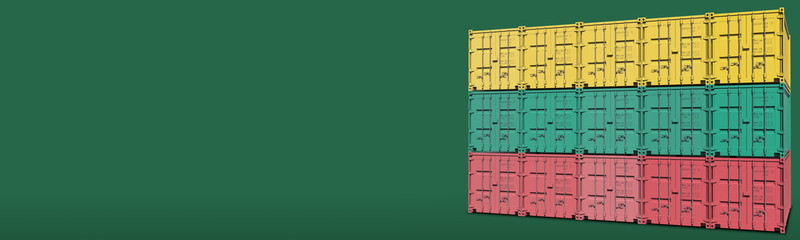 Containers compose the flag of Lithuania on green background, 3D rendering